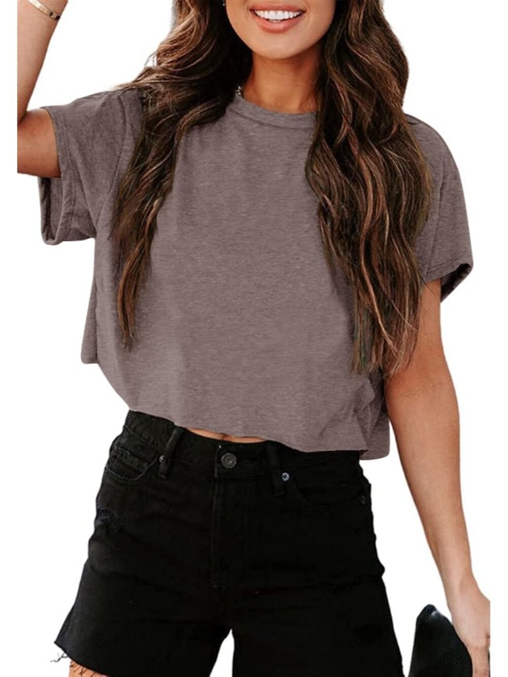Women's Light Brown Short Sleeve Crew Neck Loose Casual Drop Shoulder Crop Tops